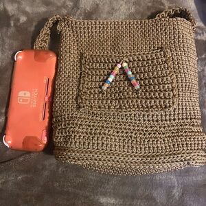 Chic Brown Crochet Bag with Bead Detail